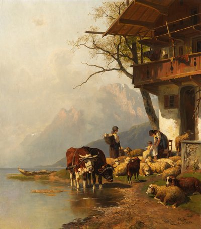 Troupeau de moutons au repos devant la maison au bord du lac de montagne - Christian Mali